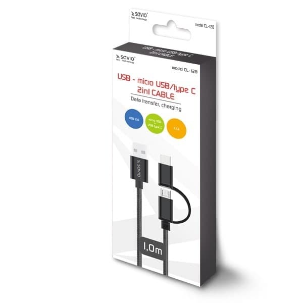 Savio CL-128 USB-kabel 1 m USB 2.0 USB A USB C/Micro-USB A Svart