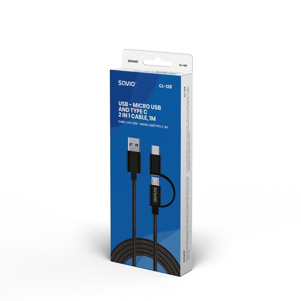 Savio CL-128 USB-kabel 1 m USB 2.0 USB A USB C/Micro-USB A Svart