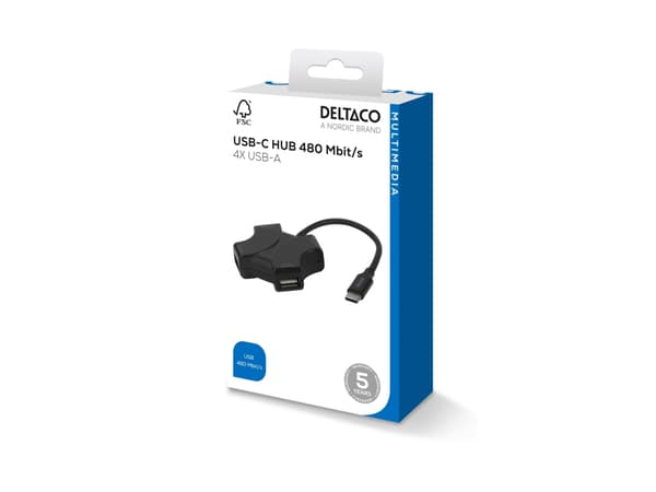 DELTACO - Hubb - 480 Mbps, USB-C - 4 x USB - skrivbordsmodell