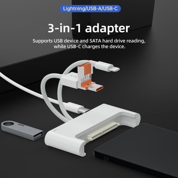 USB till SATA-adapter – Anslut SATA till Lightning, USB-C och USB