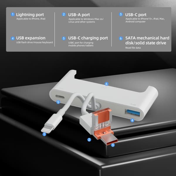 USB til SATA-adapter - tilslut SATA til Lightning, USB-C og USB