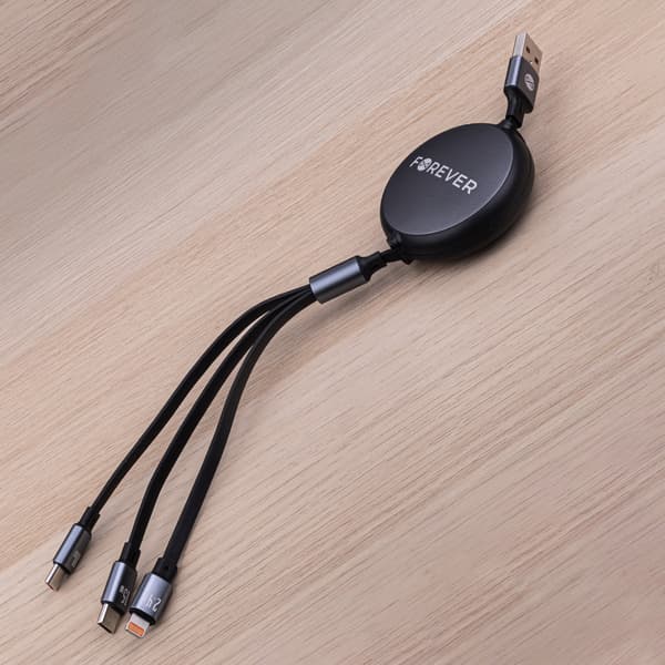 Forever 3i1 USB-Kabel, USB till Lightning + 2xUSB-C 1,2 m 100W - Svart
