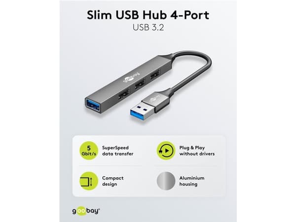 Goobay 74456, USB 3.2 Gen 1 (3.1 Gen 1) Type-A, USB 2.0 Type-A, USB 3.2 Gen 1 (3.1 Gen 1) Type-A, 5000 Mbit/s, Ljusgrå, Gjuten aluminium, 0,1 m