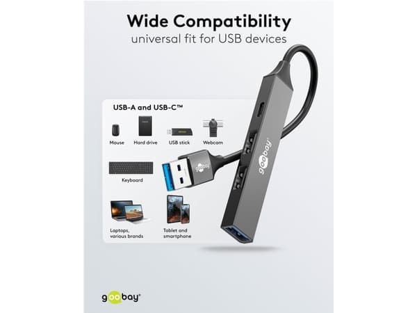 Goobay 74458, USB 3.2 Gen 1 (3.1 Gen 1) Type-A, USB 2.0 Type-A, USB 3.2 Gen 1 (3.1 Gen 1) Type-A, USB Type-C, 5000 Mbit/s, Ljusgrå, Gjuten aluminium,
