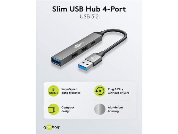 Goobay 74458, USB 3.2 Gen 1 (3.1 Gen 1) Type-A, USB 2.0 Type-A, USB 3.2 Gen 1 (3.1 Gen 1) Type-A, USB Type-C, 5000 Mbit/s, Ljusgrå, Gjuten aluminium,