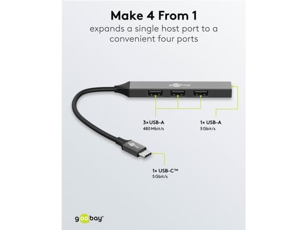 Goobay 74457, USB 3.2 Gen 1 (3.1 Gen 1) Type-C, USB 2.0 Type-A, USB 3.2 Gen 1 (3.1 Gen 1) Type-A, 5000 Mbit/s, Ljusgrå, Gjuten aluminium, 0,1 m