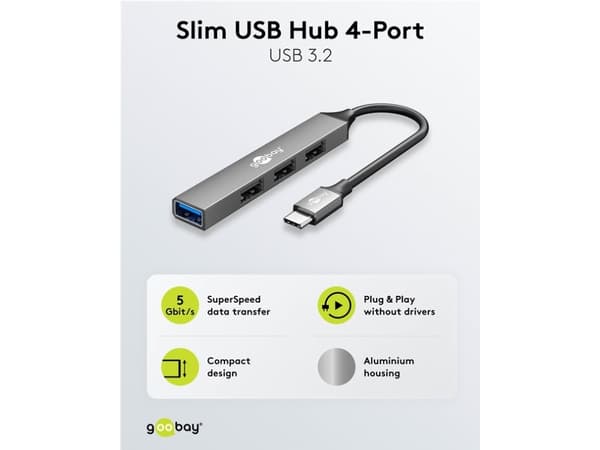 Goobay 74457, USB 3.2 Gen 1 (3.1 Gen 1) Type-C, USB 2.0 Type-A, USB 3.2 Gen 1 (3.1 Gen 1) Type-A, 5000 Mbit/s, Ljusgrå, Gjuten aluminium, 0,1 m
