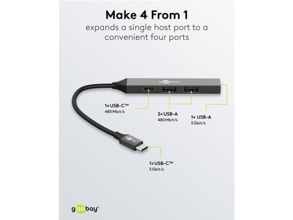 Goobay 74459, USB Type-C, USB 2.0 Type-A, USB 3.2 Gen 1 (3.1 Gen 1) Type-A, USB Type-C, 5000 Mbit/s, Light grey, 0.1 m, Hanging box