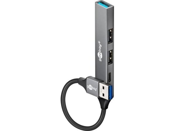 Goobay 74458, USB 3.2 Gen 1 (3.1 Gen 1) Type-A, USB 2.0 Type-A, USB 3.2 Gen 1 (3.1 Gen 1) Type-A, USB Type-C, 5000 Mbit/s, Ljusgrå, Gjuten aluminium,