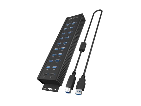 18+2 portars USB-hubb, 18x USB-A dataport, 2x USB-laddningsport, USB 3.2 Gen 1 @ 5 Gbit/s, monteringshål, 96W strömförsörjning, svart (IB-HUB1720-U3)