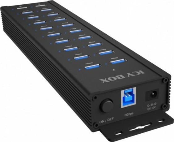 18+2 portars USB-hubb, 18x USB-A dataport, 2x USB-laddningsport, USB 3.2 Gen 1 @ 5 Gbit/s, monteringshål, 96W strömförsörjning, svart (IB-HUB1720-U3)