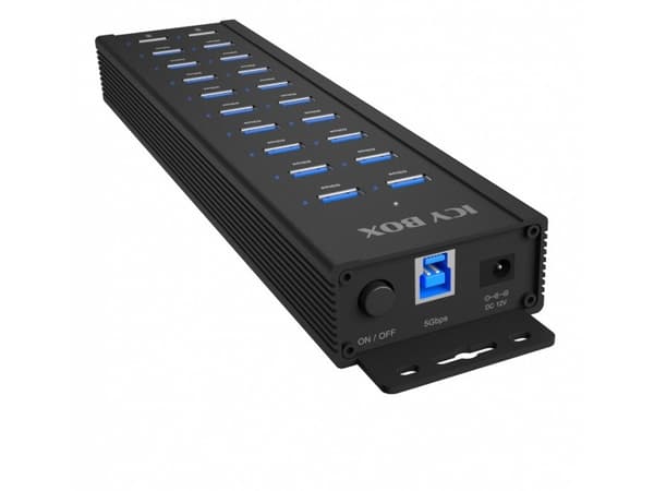 18+2 portars USB-hubb, 18x USB-A dataport, 2x USB-laddningsport, USB 3.2 Gen 1 @ 5 Gbit/s, monteringshål, 96W strömförsörjning, svart (IB-HUB1720-U3)