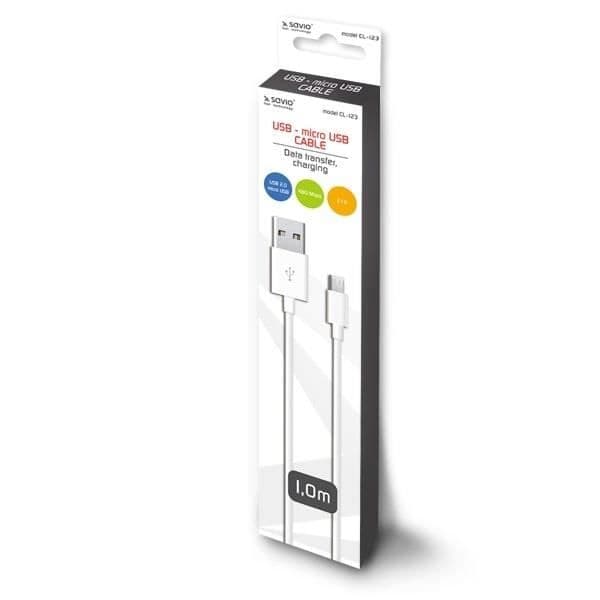 USB-kabel - SAVIO - CL-123 - 1 m - USB 2.0 - USB A till Micro-USB B - Vit