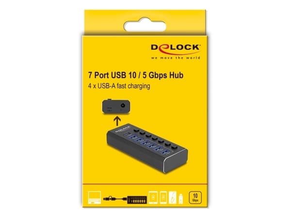 Delock 7-ports USB-hub med 3 porter 10 Gbps og 4 hurtigladeporter 5 Gbps med bryter og belysning