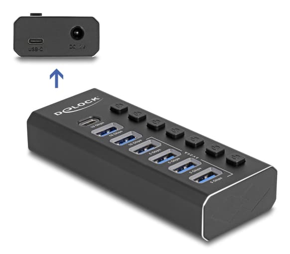 Delock 7-ports USB-hub med 3 porter 10 Gbps og 4 hurtigladeporter 5 Gbps med bryter og belysning