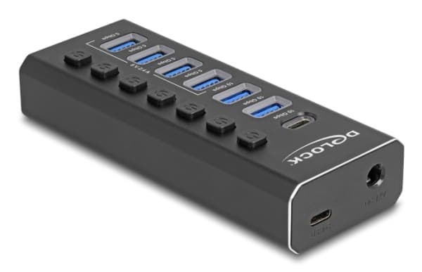 Delock 7-ports USB-hub med 3 porter 10 Gbps og 4 hurtigladeporter 5 Gbps med bryter og belysning