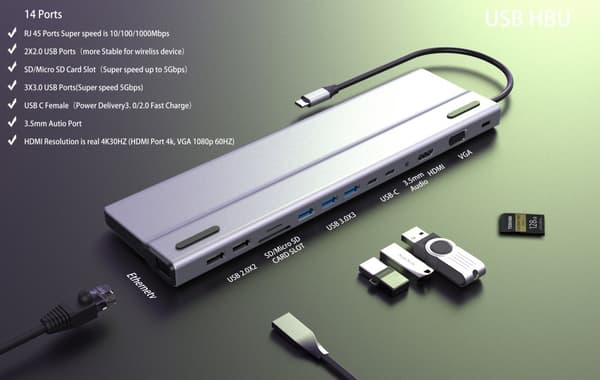 INF 14-i-1 USB-C Hub Multiport Adapter med HDMI, VGA, Ethernet, SD/TF Kortlæser