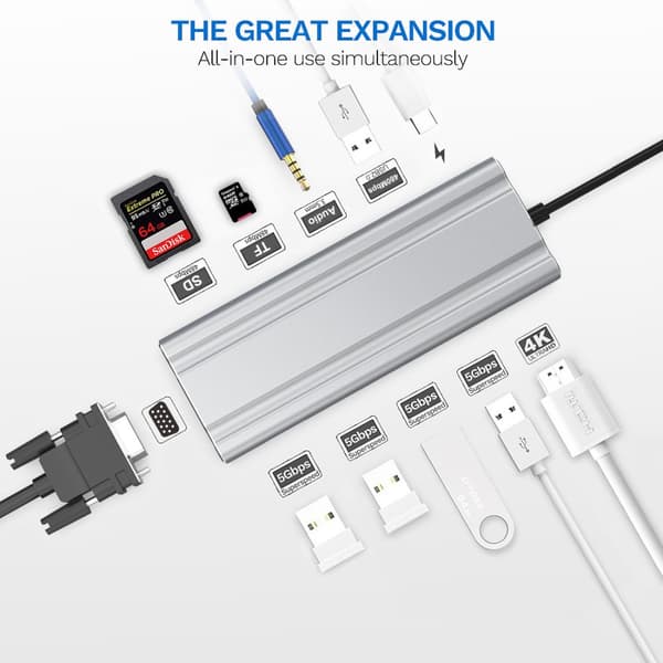INF 11-i-1 USB-C Hub med HDMI, VGA og PD-opladning