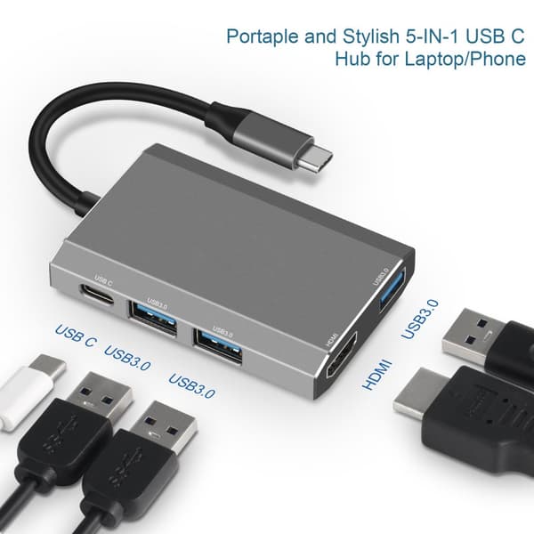 INF 5-i-1 Type-C Hub-adapter med HDMI, USB 3.0 og USB-C PD