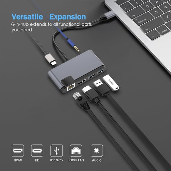 INF 6-i-1 USB-C Hub med HDMI, RJ45 og USB 3.0