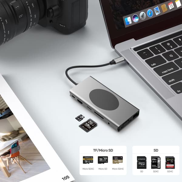 INF 13-i-1 USB-C-hub multiport-adapter med HDMI, VGA, Ethernet, SD/TF-kortleser