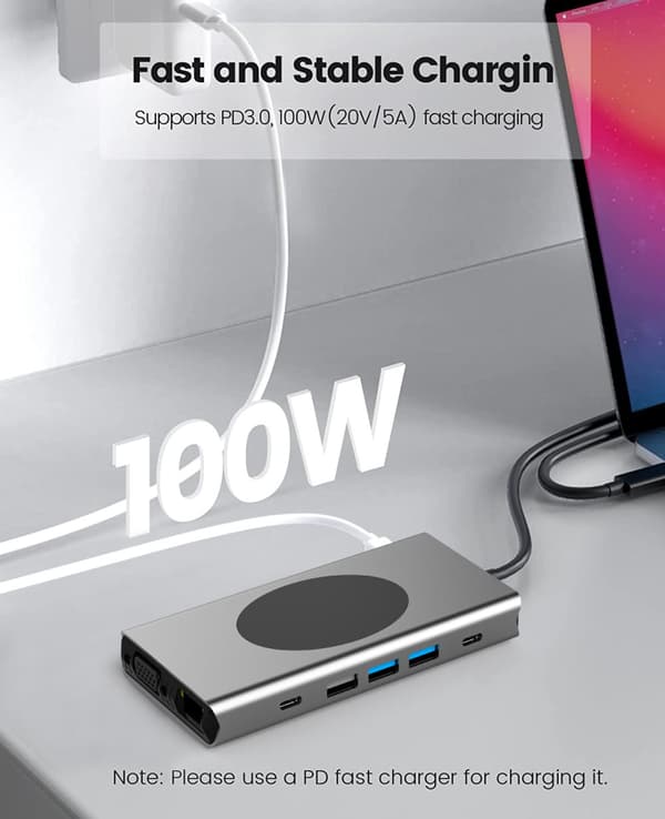 INF 13-i-1 USB-C-hub multiport-adapter med HDMI, VGA, Ethernet, SD/TF-kortleser
