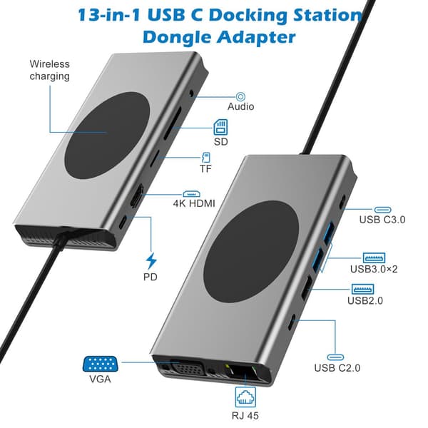 INF 13-i-1 USB-C-hub multiport-adapter med HDMI, VGA, Ethernet, SD/TF-kortleser