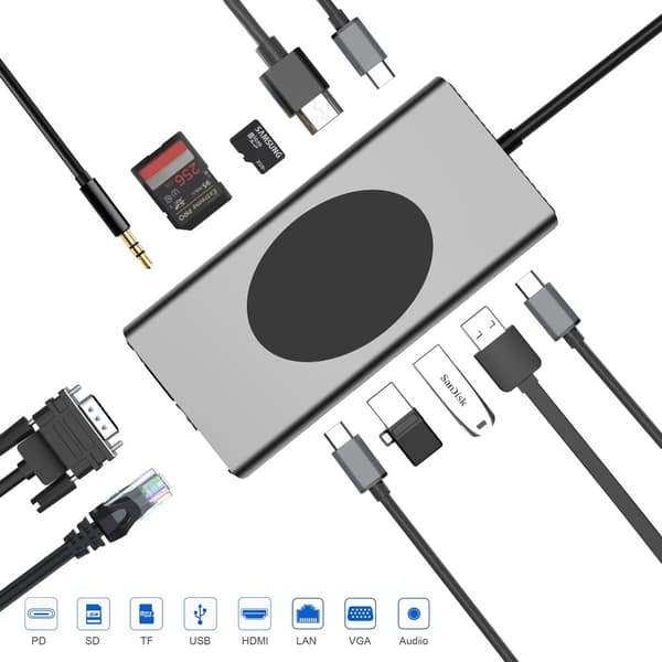 INF 13-i-1 USB-C Hub Multiport Adapter med HDMI, VGA, Ethernet, SD/TF-kortlæser