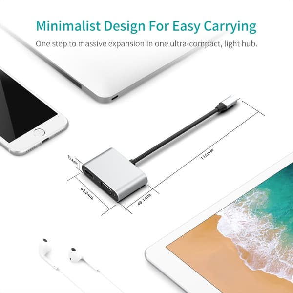 INF Type-C Hub 4-i-1-adapter med HDMI, VGA, USB 3.0 og USB-C PD