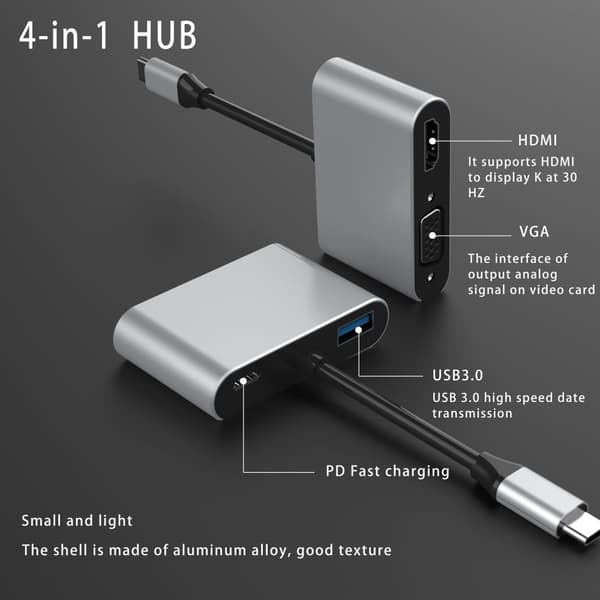 INF Type-C Hub 4-i-1-adapter med HDMI, VGA, USB 3.0 og USB-C PD