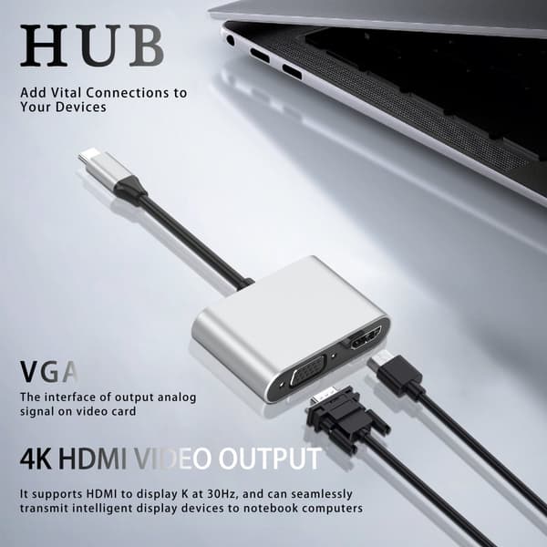 INF Type-C Hub 4-i-1-adapter med HDMI, VGA, USB 3.0 og USB-C PD