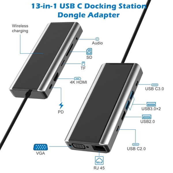 INF 13-i-1 USB-C Hub-adapter med HDMI, VGA, Ethernet og PD-opladning