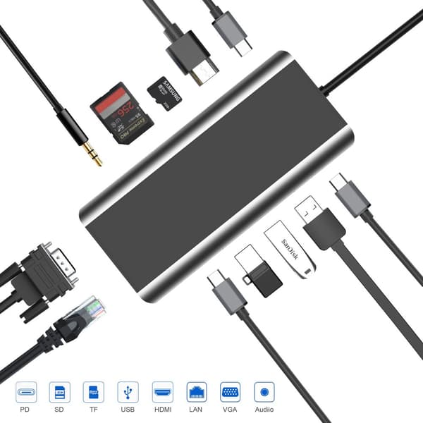 INF 13-i-1 USB-C Hub-adapter med HDMI, VGA, Ethernet og PD-opladning