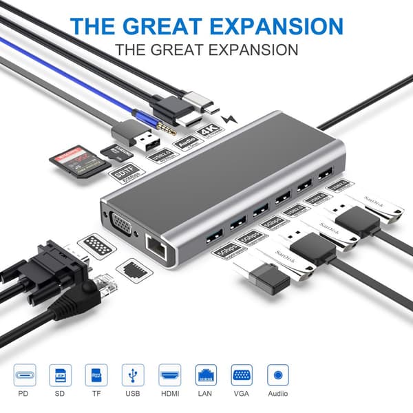 INF 15-i-1 USB-C Hub Multiport Adapter med HDMI, VGA, Ethernet, SD/TF Kortlæser