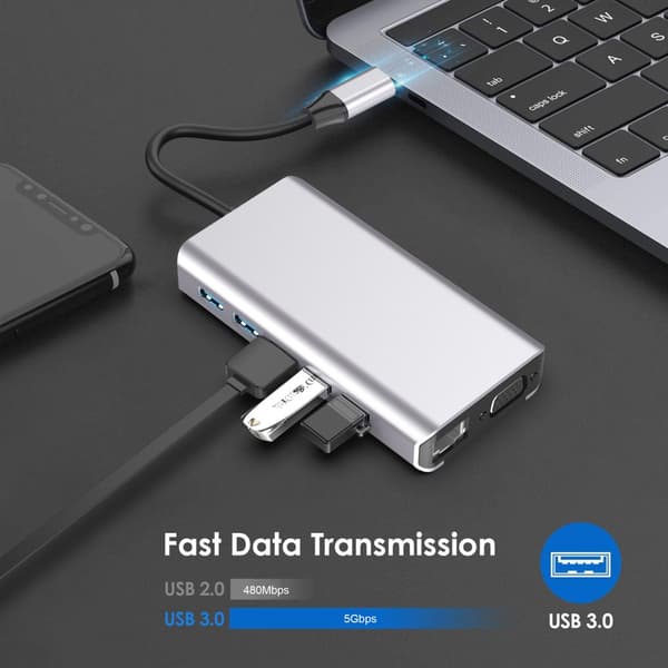 INF 14-i-1 USB-C Hub med HDMI, VGA, Ethernet, SD/TF-kortlæser