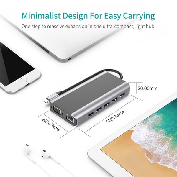 INF 14-i-1 USB-C Hub med HDMI, VGA, Ethernet, SD/TF-kortlæser