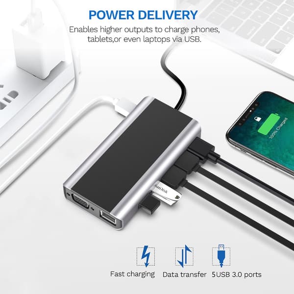 INF 14-i-1 USB-C Hub med HDMI, VGA, Ethernet, SD/TF-kortlæser