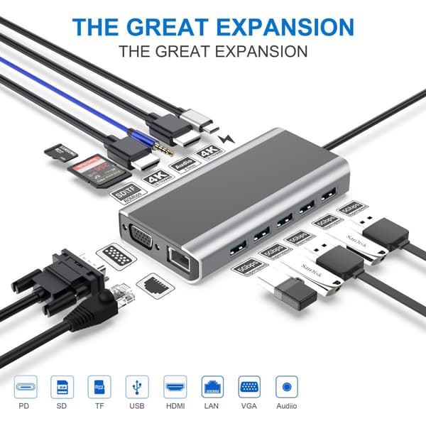 INF 14-i-1 USB-C Hub med HDMI, VGA, Ethernet, SD/TF-kortlæser