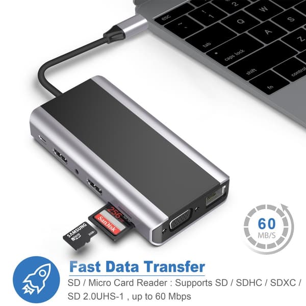 INF 14-i-1 USB-C Hub med HDMI, VGA, Ethernet, SD/TF-kortlæser