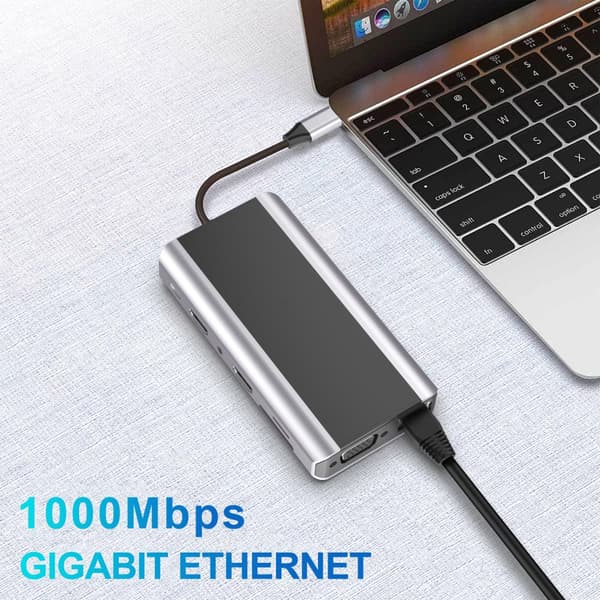 INF 14-i-1 USB-C Hub med HDMI, VGA, Ethernet, SD/TF-kortlæser