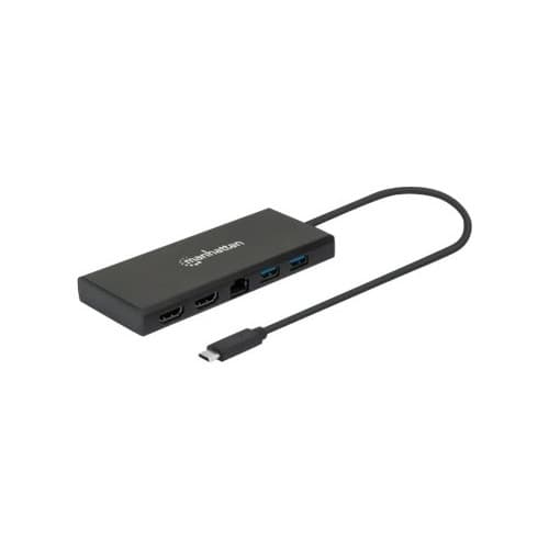 Manhattan USB-C Dock/Hub, Ports (x6): Ethernet, HDMI (x2), USB-A (x2) and USB-C, With Power Delivery (60W) to USB-C Port (Note additional USB-C wall c