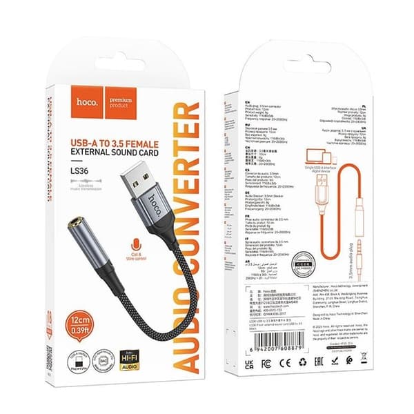 Hoco Adapter USB-A till Aux Jack 3.5mm 0.12m LS36 - Svart