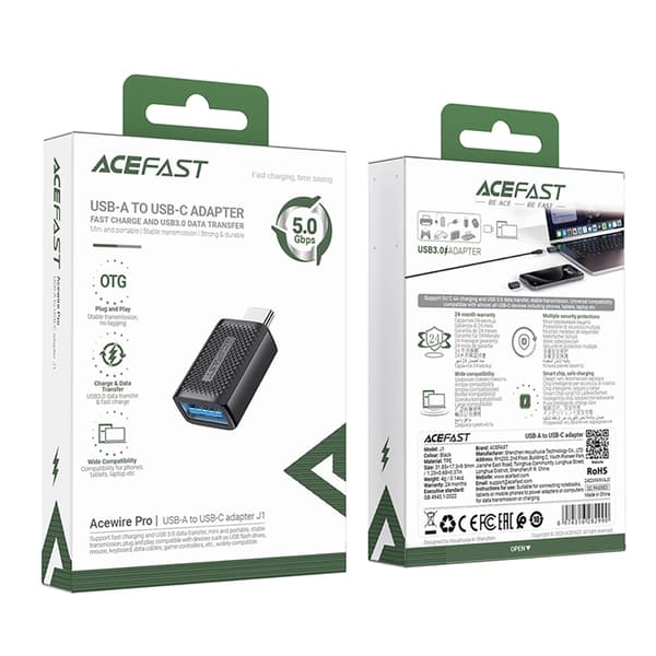 Acefast USB-A till USB-C Adapter 5Gb/s - Svart