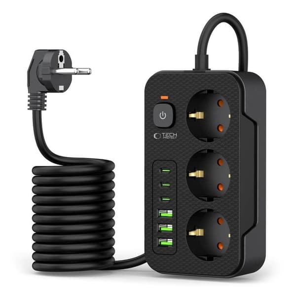 Tech-Protect Power Socket 3x USB/3x USB-C/3 Sockets 200Ccm - Svart