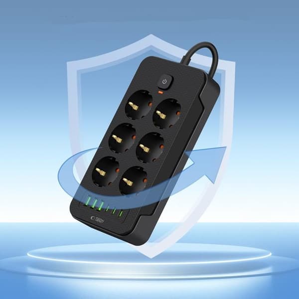 Tech-Protect Power Socket 3x USB/3x USB-C/6 Sockets 200 cm - Svart