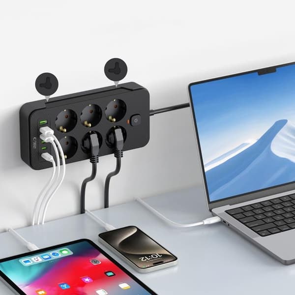 Tech-Protect Power Socket 3x USB/3x USB-C/6 Sockets 200 cm - Svart