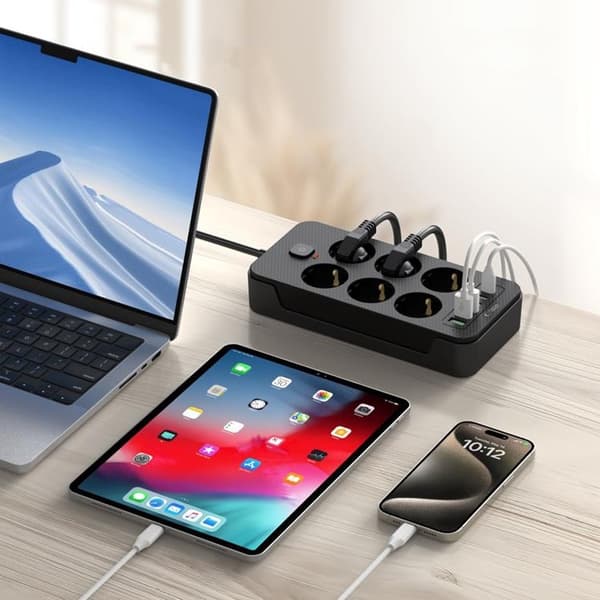 Tech-Protect Power Socket 3x USB/3x USB-C/6 Sockets 200 cm - Svart