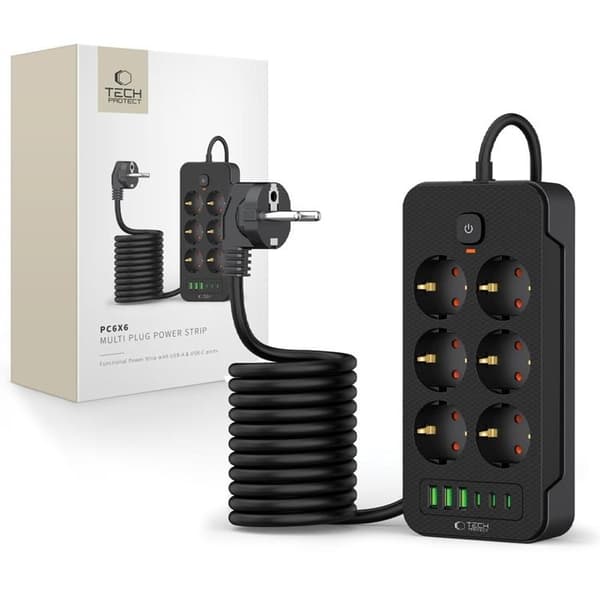 Tech-Protect Power Socket 3x USB/3x USB-C/6 Sockets 200 cm - Svart