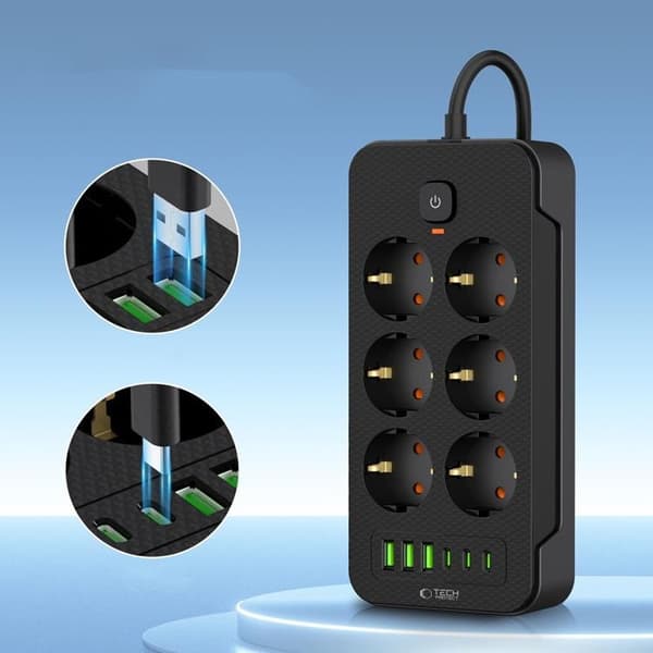 Tech-Protect Power Socket 3x USB/3x USB-C/6 Sockets 200 cm - Svart
