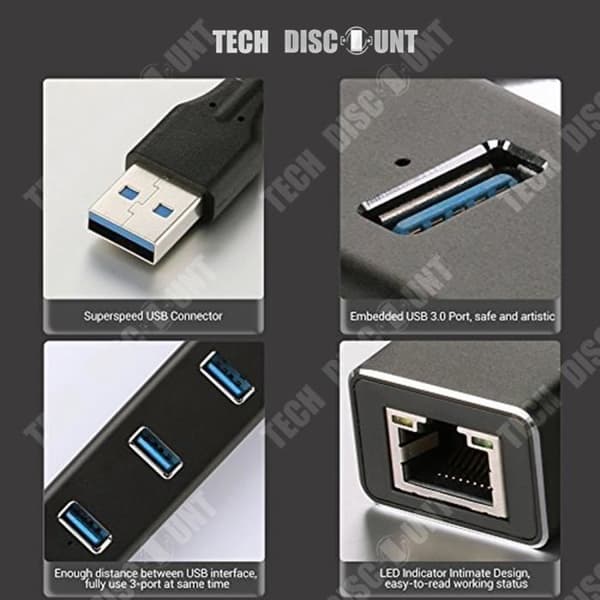 USB-hubb - TD® - Hub 3.0 - 3 portar - Ethernet RJ45 - Snabb överföring